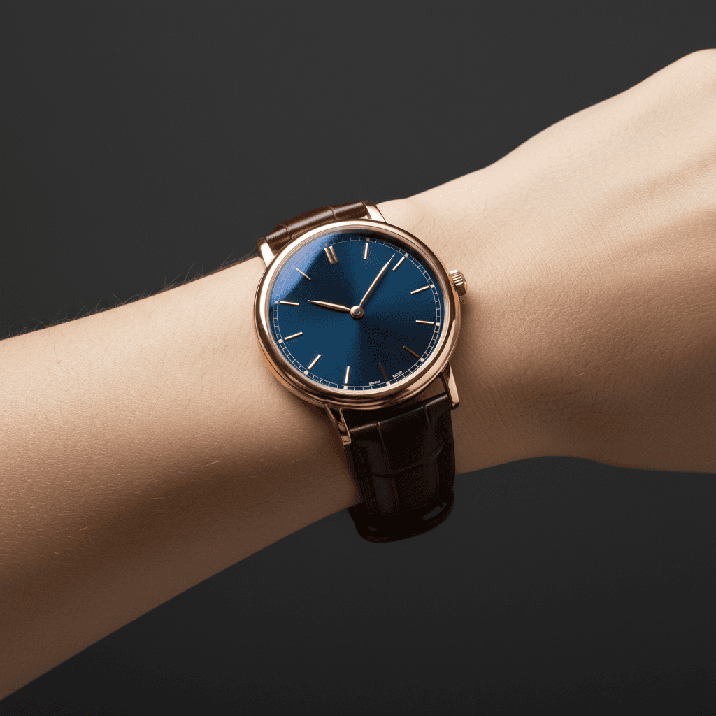 Luxury dress watch worn on wrist against dark background