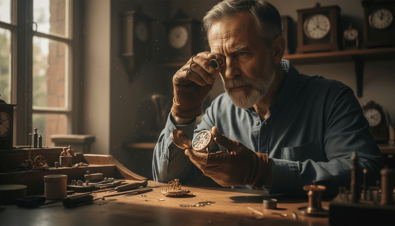 Expert examining luxury watch with loupe