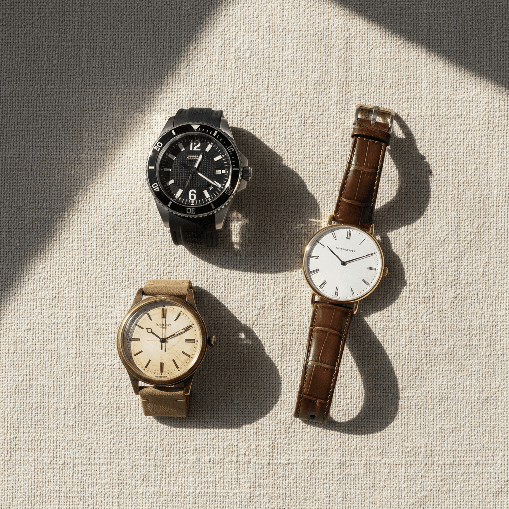 Curated collection of three luxury watches on linen backdrop