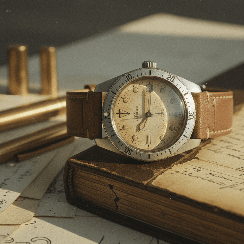 Vintage dive watch with patinated case on leather journal