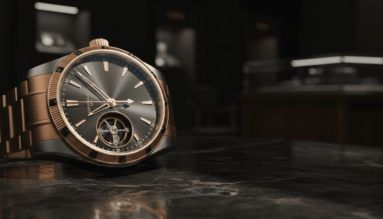 Close-up of a luxury mechanical watch with dramatic lighting highlighting polished details and intricate dial work