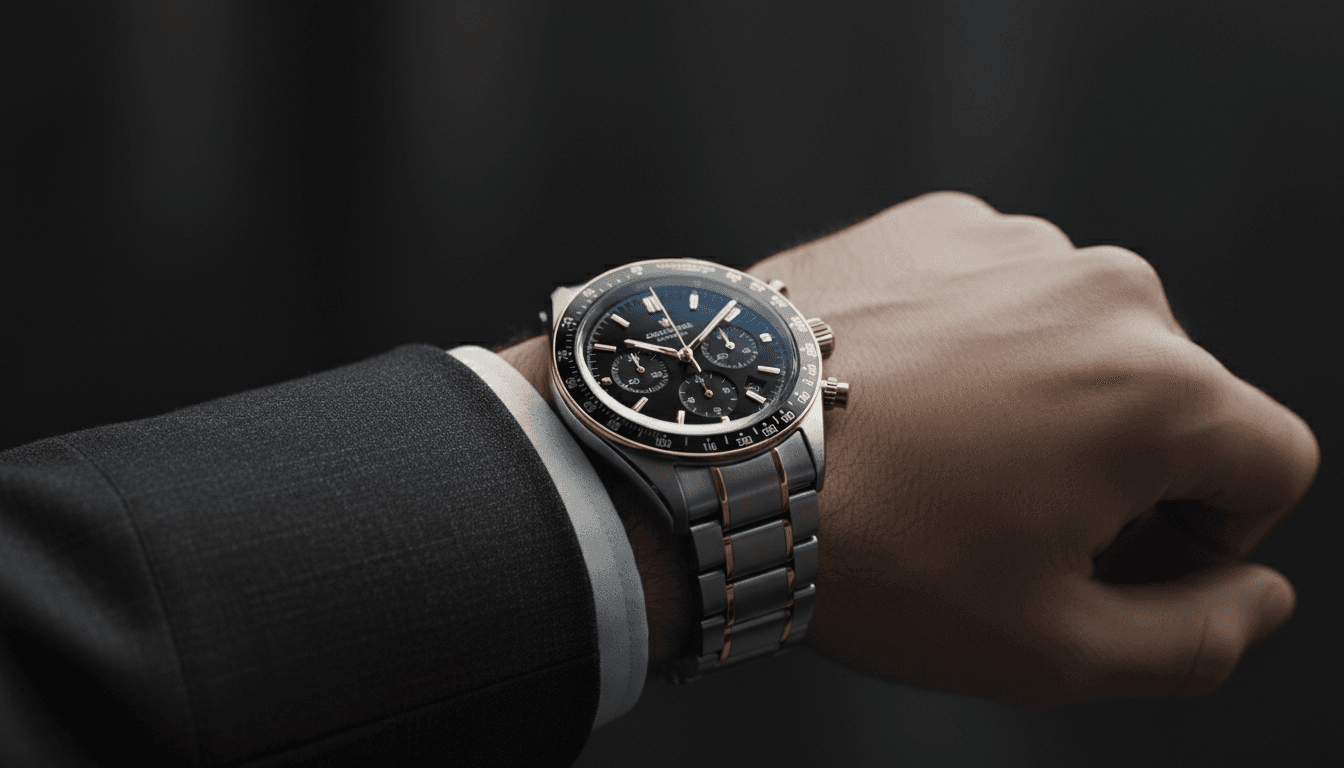 Hands carefully examining a luxury chronograph watch with dramatic lighting emphasizing fine craftsmanship