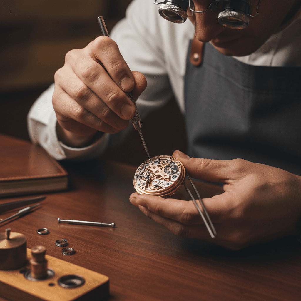 Watchmaker examining a luxury watch with jeweler's loupe at wooden workbench