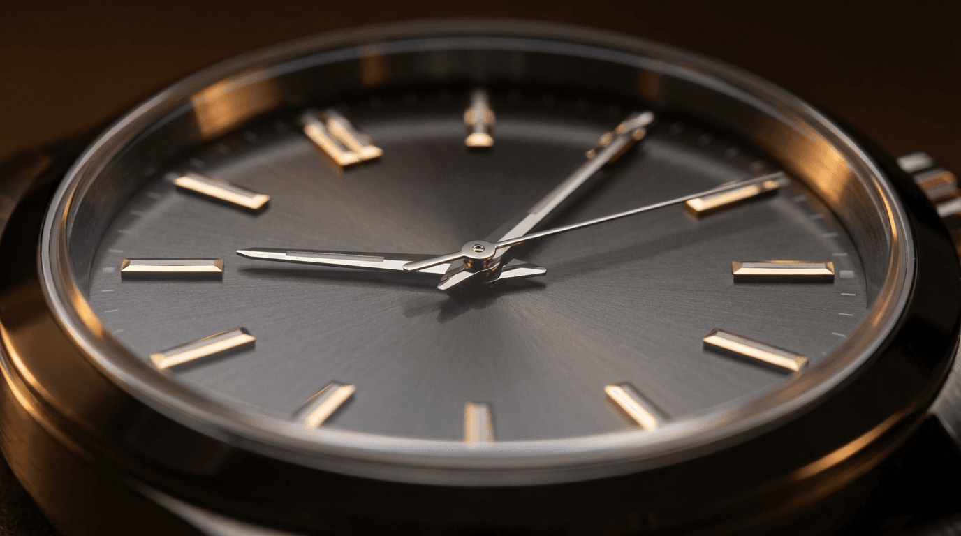 Close-up of a luxury watch dial with precision mechanics visible