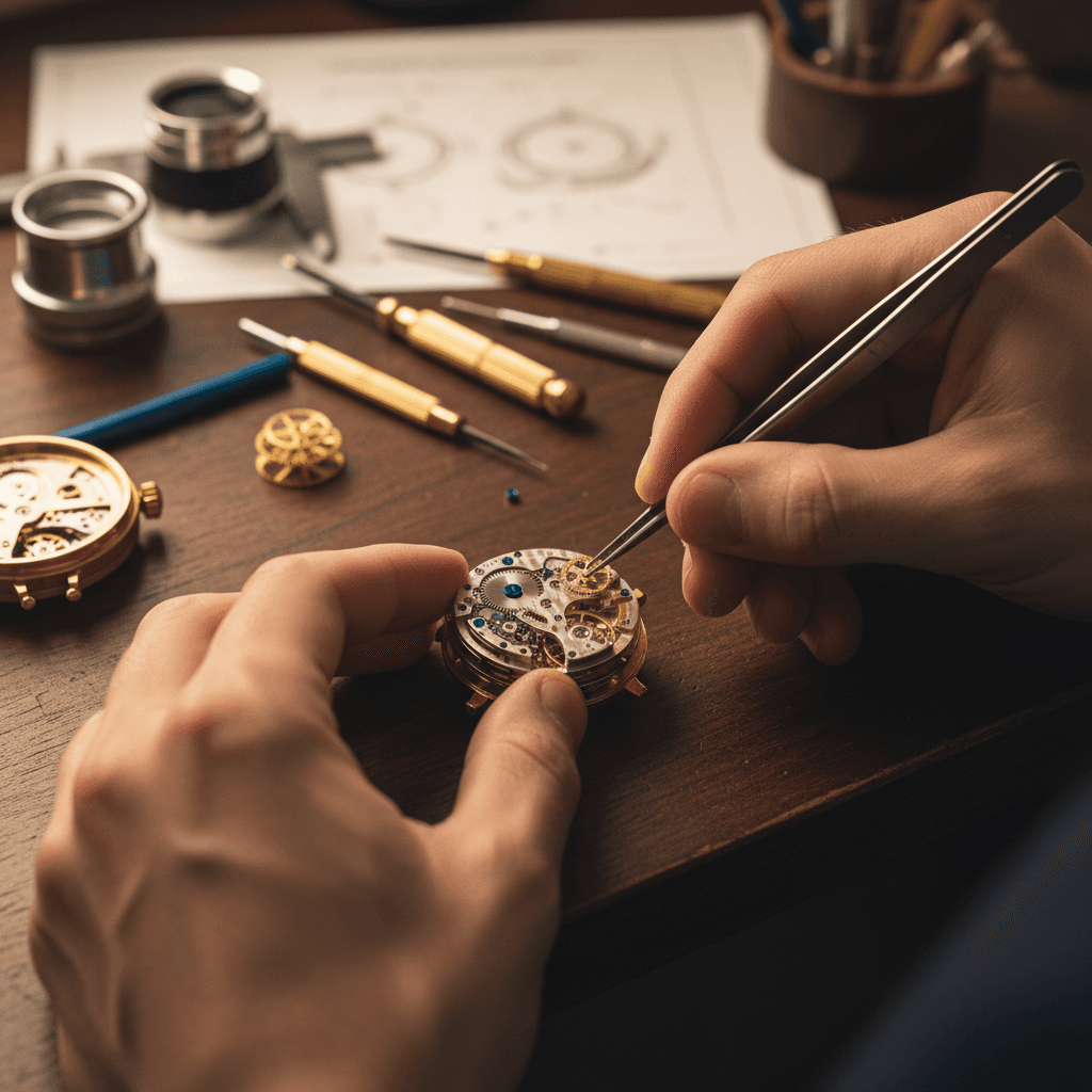 Watchmaker examining watch movement with jeweler's loupe