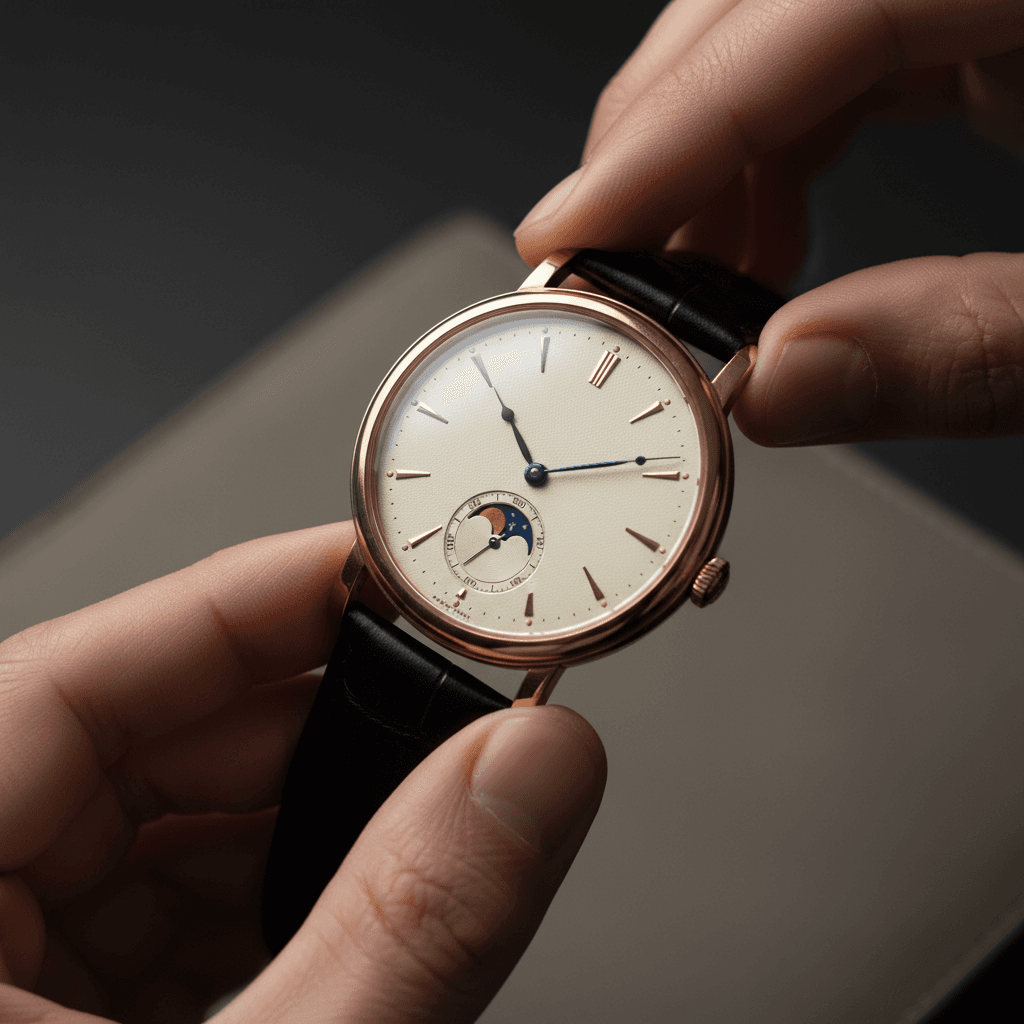 Luxury watch being carefully examined and appreciated by hands in warm golden lighting