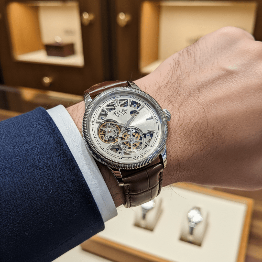 Luxury chronograph watch displayed on black leather with warm golden lighting